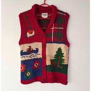 90s vintage outdoor nature print knitted plaid button up hand knit sweater vest